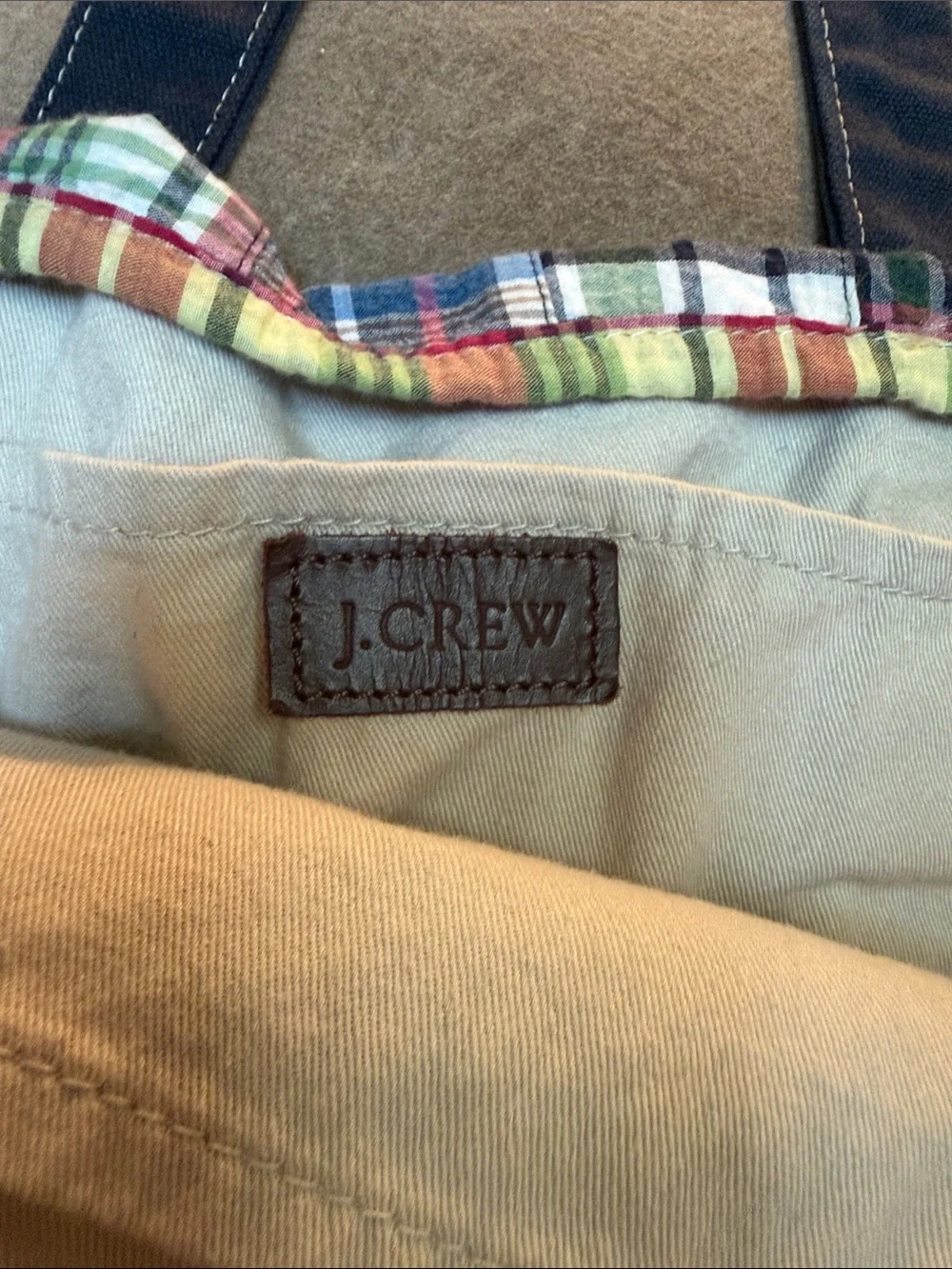 J. Crew Vintage Madras Tote with Navy Canvas Base